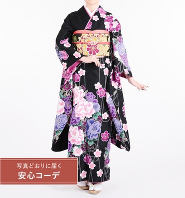 【写真どおりに届く安心コーデ】振袖レンタル　振袖Mサイズ　ブランド：H・L（アッシュエル）四季花結び　黒/紫