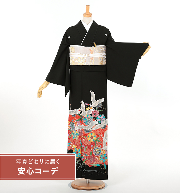 【写真どおりに届く安心コーデ】黒留袖レンタル　黒留袖Lサイズ　舞鶴に桜笹　五つ紋：五三桐