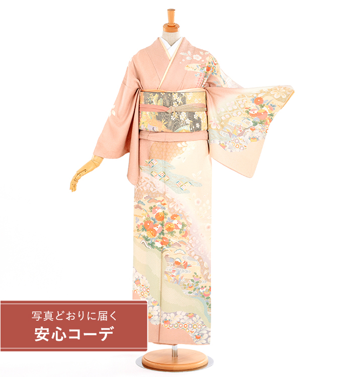 【写真どおりに届く安心コーデ】訪問着レンタル　訪問着Lサイズ　道長取草花文　サーモンピンク
