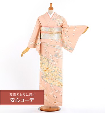 【写真どおりに届く安心コーデ】訪問着レンタル　訪問着Lサイズ　枝垂桜に吉祥文　ピンク