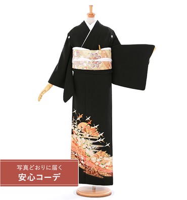 【写真どおりに届く安心コーデ】黒留袖レンタル　黒留袖Mサイズ　檜扇に鶴の舞　五つ紋：桔梗