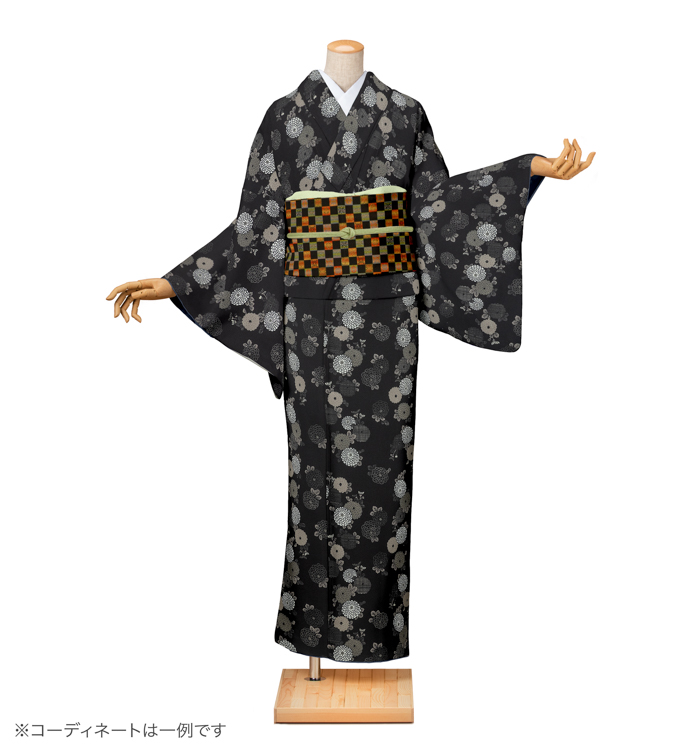 小紋レンタル　小紋Mサイズ　菊散し　暗黒色