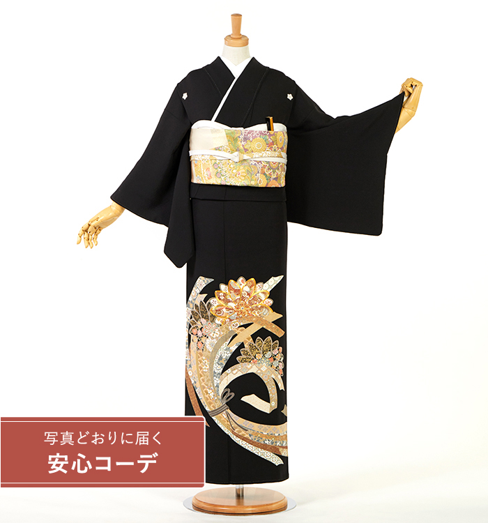 【写真どおりに届く安心コーデ】黒留袖レンタル　黒留袖Sサイズ　京友禅：束ね熨斗と菊華紋　五つ紋：桔梗
