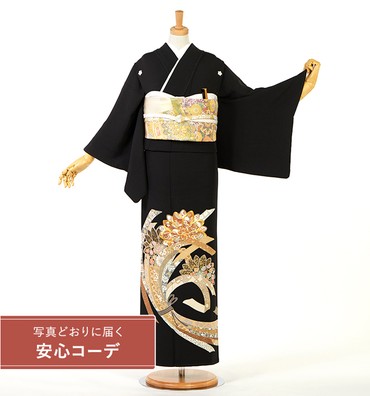 【写真どおりに届く安心コーデ】黒留袖レンタル　黒留袖Sサイズ　京友禅：束ね熨斗と菊華紋　五つ紋：桔梗
