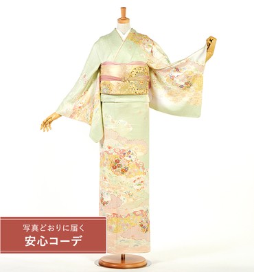 【写真どおりに届く安心コーデ】訪問着レンタル　訪問着LLサイズ　雲取吉祥雪輪花紋　黄緑