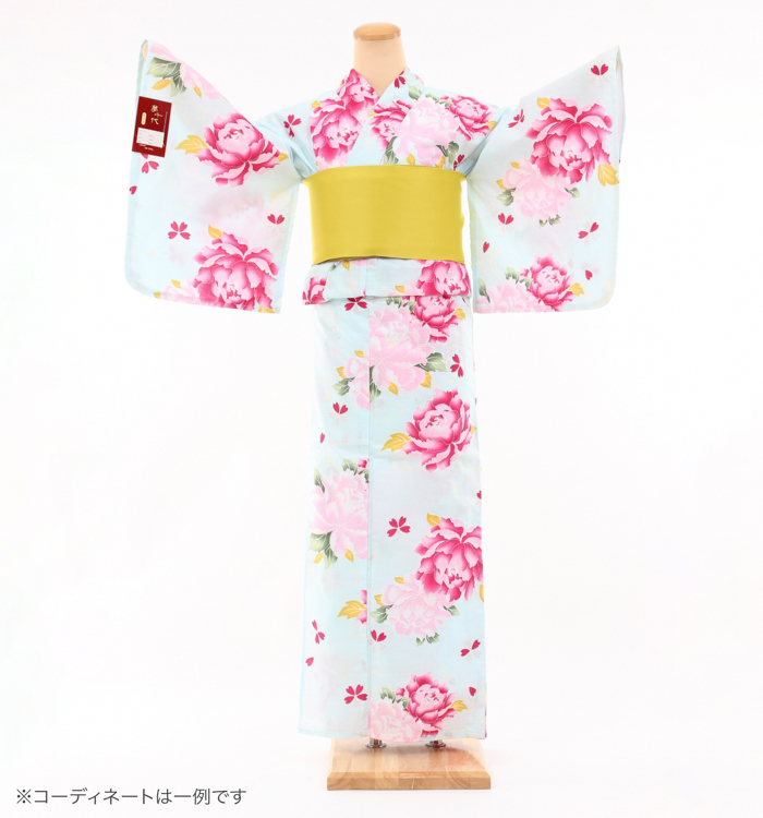 浴衣レンタル　浴衣Mサイズ　芍薬　水色