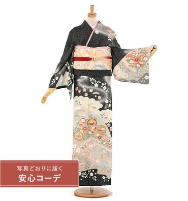 【写真どおりに届く安心コーデ】訪問着レンタル　訪問着LLサイズ　雲取霞草花文　黒グレー