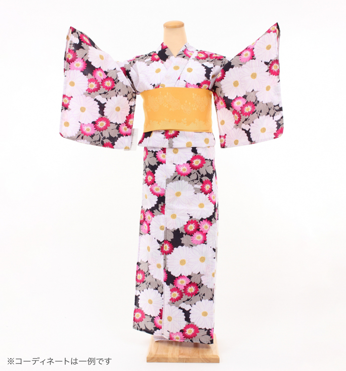 浴衣レンタル　浴衣Mサイズ　菊　黒