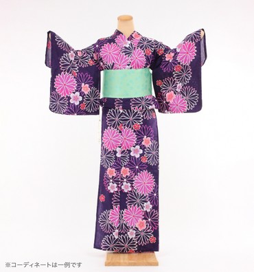 浴衣レンタル　浴衣Mサイズ　菊桜　紫紺