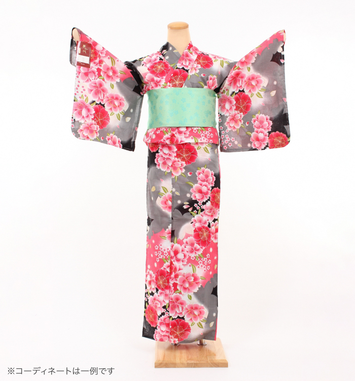 浴衣レンタル　浴衣Mサイズ　赤花　グレー