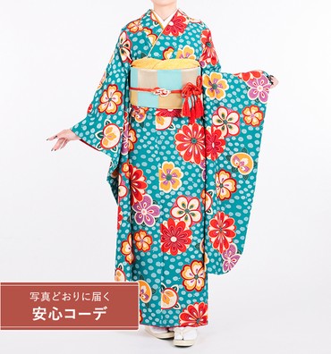 【写真どおりに届く安心コーデ】振袖レンタル　振袖Mサイズ　ブランド：和風館　ねじり梅と菊　ブルー