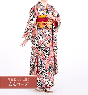 【写真どおりに届く安心コーデ】振袖レンタル　振袖Mサイズ　ブランド：きもの道楽　麻の葉に草花文　白/黒