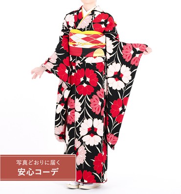 【写真どおりに届く安心コーデ】振袖レンタル　振袖Mサイズ　ブランド：和風館　しだれ桜　黒/赤