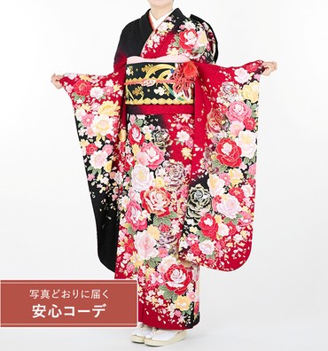 【写真どおりに届く安心コーデ】振袖レンタル　振袖Mサイズ　薔薇　赤黒