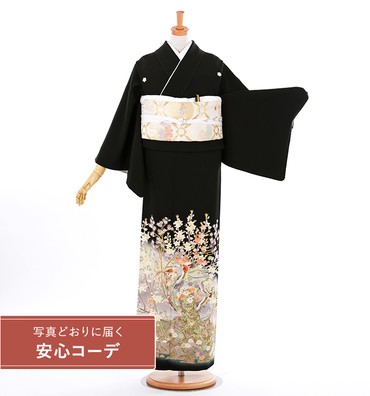 【写真どおりに届く安心コーデ】黒留袖レンタル　黒留袖Lサイズ　京友禅：松本健一　吉祥花鳥図　五つ紋：桔梗