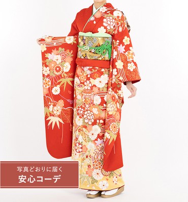 【写真どおりに届く安心コーデ】振袖レンタル　振袖Lサイズ　雲取り吉祥図　朱赤