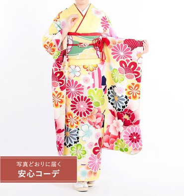【写真どおりに届く安心コーデ】振袖レンタル　振袖Mサイズ　丸菊華文　黄色