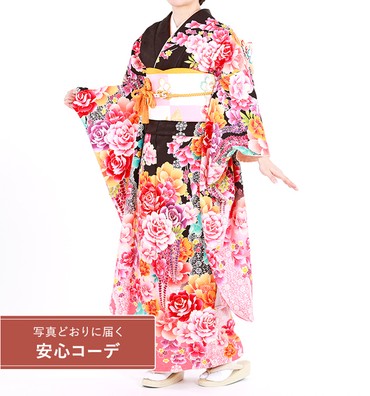 【写真どおりに届く安心コーデ】振袖レンタル　振袖Sサイズ　ブランド：beberose　薔薇と藤　黒