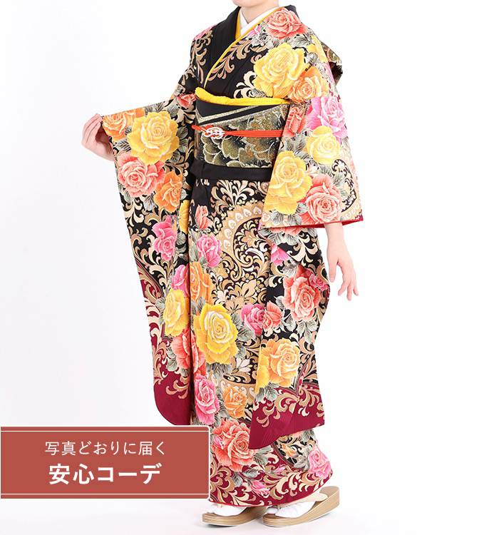 【写真どおりに届く安心コーデ】振袖レンタル　振袖Sサイズ　ブランド：CECIL McBEE　欧風唐花薔薇模様　黒