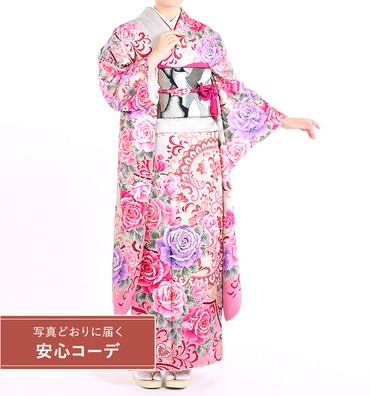 【写真どおりに届く安心コーデ】振袖レンタル　振袖Sサイズ　ブランド：CECIL McBEE　欧風唐花薔薇模様　グレー