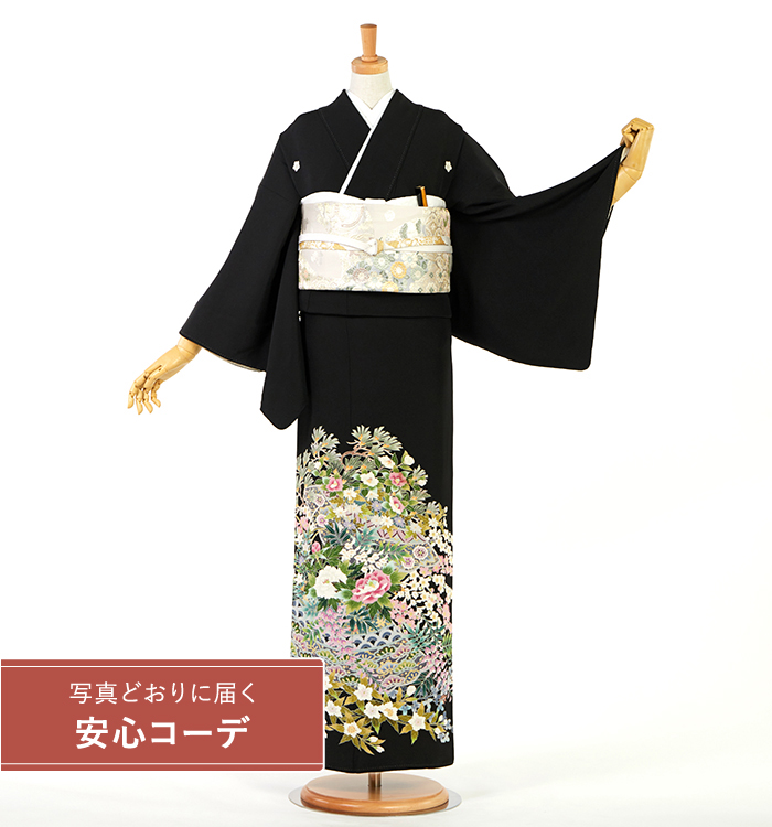 【写真どおりに届く安心コーデ】黒留袖レンタル　黒留袖Lサイズ　加賀友禅：森田耕三　花笠　五つ紋：桔梗
