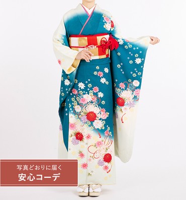【写真どおりに届く安心コーデ】振袖レンタル　振袖Lサイズ　菊結び紐　グリーン