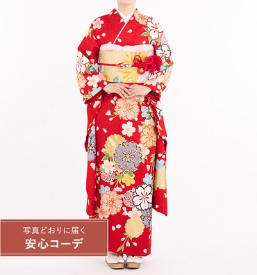 【写真どおりに届く安心コーデ】振袖レンタル　振袖Mサイズ　桜丸文花びら散し　赤