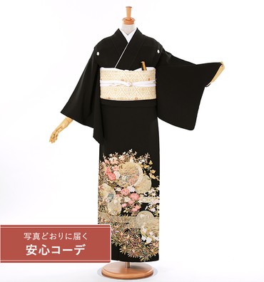 【写真どおりに届く安心コーデ】黒留袖レンタル　黒留袖Sサイズ　四季花と円景図　五つ紋：桔梗