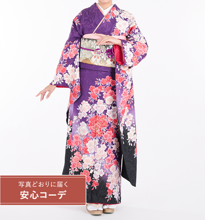 【写真どおりに届く安心コーデ】振袖レンタル　振袖LOサイズ　ブランド：MERCURYDUO　枝垂れ桜　紫/黒