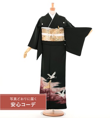 【写真どおりに届く安心コーデ】黒留袖レンタル　黒留袖Sサイズ　京友禅　刺繍：松に鶴　五つ紋：桔梗