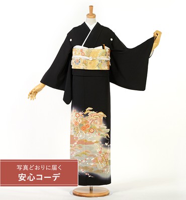 【写真どおりに届く安心コーデ】黒留袖レンタル　黒留袖MOサイズ　香ノ図と霞取四季花　五つ紋：桔梗