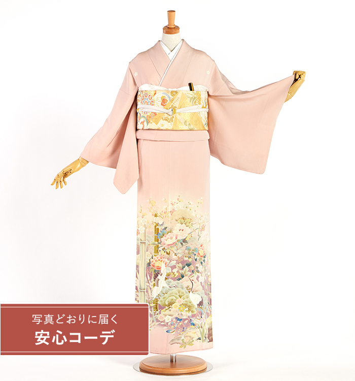 【写真どおりに届く安心コーデ】色留袖レンタル　色留袖Lサイズ　四季花と鶴　薄ピンク　五つ紋：桔梗