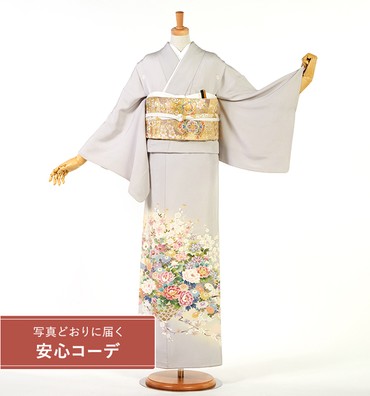 【写真どおりに届く安心コーデ】色留袖レンタル　色留袖Lサイズ　加賀友禅風：花篭　薄グレー　五つ紋：桔梗