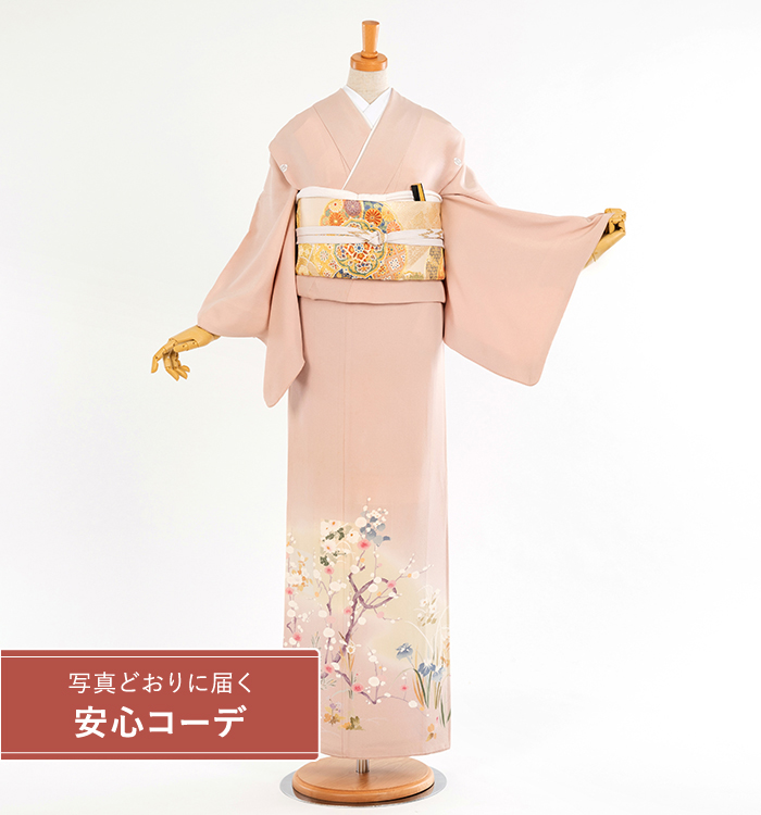 【写真どおりに届く安心コーデ】色留袖レンタル　色留袖Lサイズ　梅と菖蒲　ピンク　五つ紋：木瓜