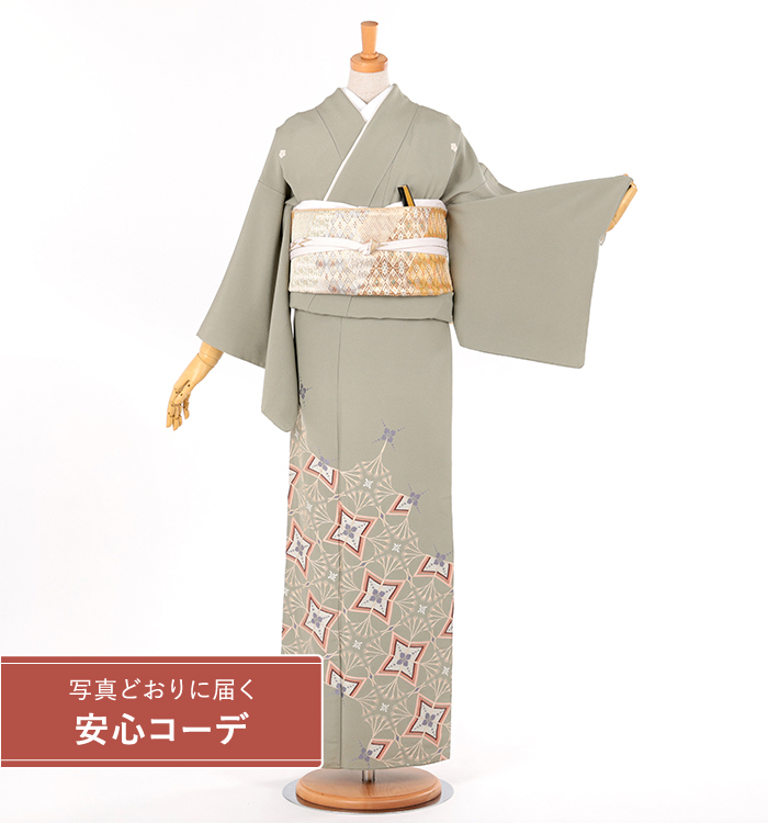 【写真どおりに届く安心コーデ】色留袖レンタル　色留袖Lサイズ　京刺繍：森康次　陽光　渋緑　五つ紋：桔梗