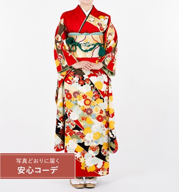 【写真どおりに届く安心コーデ】振袖レンタル　振袖Mサイズ　熨斗目草花文　赤