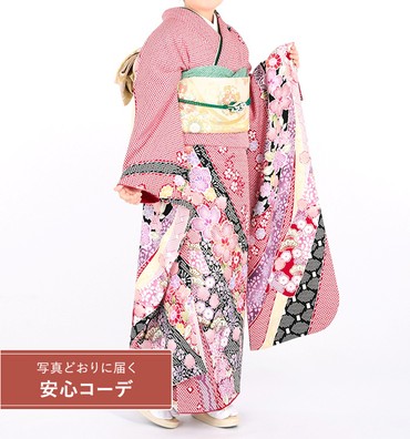 【写真どおりに届く安心コーデ】振袖レンタル　振袖MOサイズ　絞り風：束熨斗に桜流し　赤