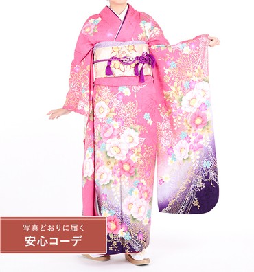 【写真どおりに届く安心コーデ】振袖レンタル　振袖LOサイズ　金彩装飾華文　濃ピンク