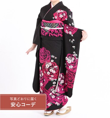 【写真どおりに届く安心コーデ】振袖レンタル　振袖Sサイズ　薔薇　黒ラメ