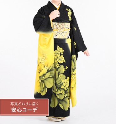 【写真どおりに届く安心コーデ】振袖レンタル　振袖SOサイズ　幻華　黒/黄色