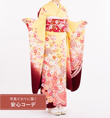 【写真どおりに届く安心コーデ】振袖レンタル　振袖Lサイズ　藤に菊桜　黄