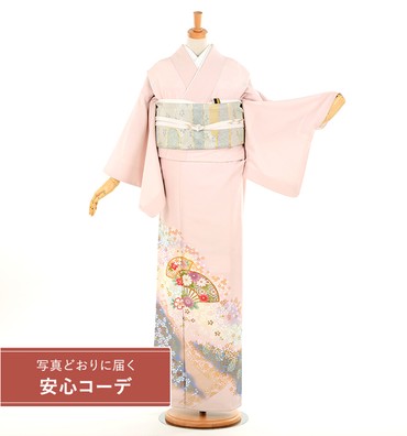 【写真どおりに届く安心コーデ】色留袖レンタル　色留袖Lサイズ　扇面と菊桜　ピンク　五つ紋：五三桐