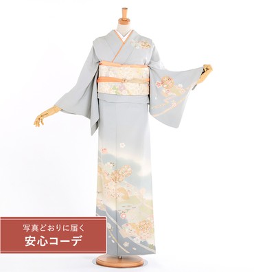 【写真どおりに届く安心コーデ】訪問着レンタル　訪問着Lサイズ　四季花扇面文　水色グレー