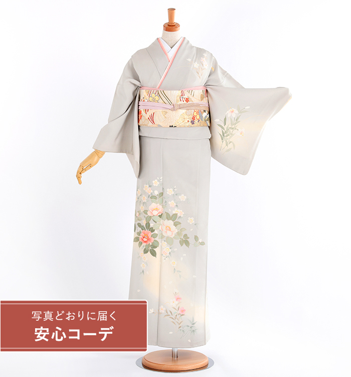 【写真どおりに届く安心コーデ】訪問着レンタル　訪問着Lサイズ　椿と桜　薄グレー