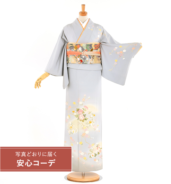 【写真どおりに届く安心コーデ】訪問着レンタル　訪問着Lサイズ　草花文様　水色グレー