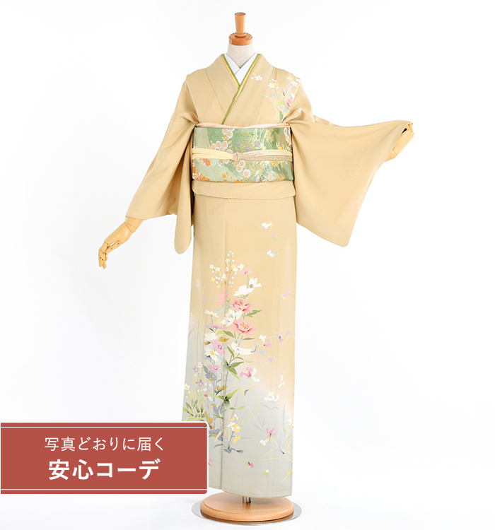【写真どおりに届く安心コーデ】訪問着レンタル　訪問着Lサイズ　花尽くし　ベージュ