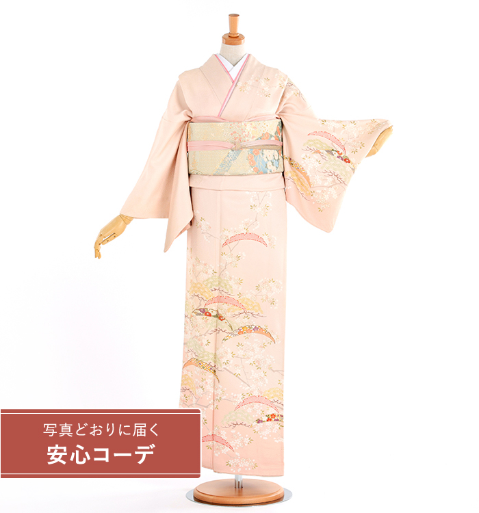 【写真どおりに届く安心コーデ】訪問着レンタル　訪問着Lサイズ　雪輪文に松桜　ピンク