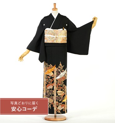 【写真どおりに届く安心コーデ】黒留袖レンタル　黒留袖Mサイズ　京友禅　刺繍：吉祥扇面萩鶴の舞　五つ紋：桔梗