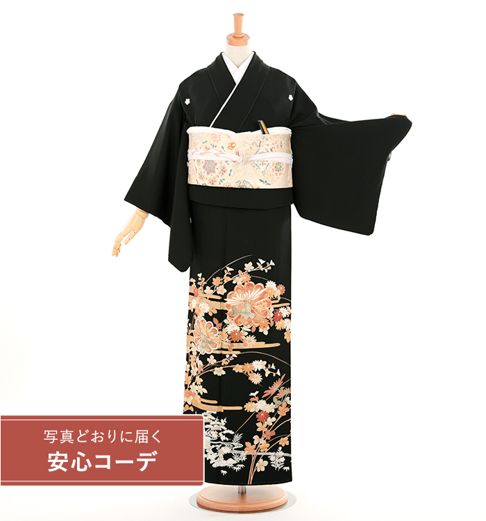 【写真どおりに届く安心コーデ】黒留袖レンタル　黒留袖Lサイズ　京友禅：霞取り菊華文　五つ紋：桔梗