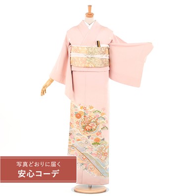 【写真どおりに届く安心コーデ】色留袖レンタル　色留袖Lサイズ　雪輪四季花文　ピンク　五つ紋：桔梗